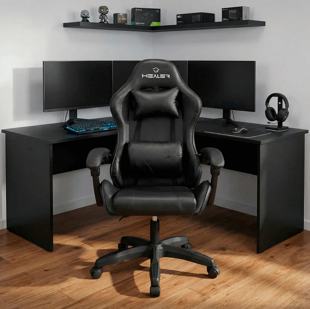 Cadeira Gamer Wells Preta Healer Preto Couro Sintético