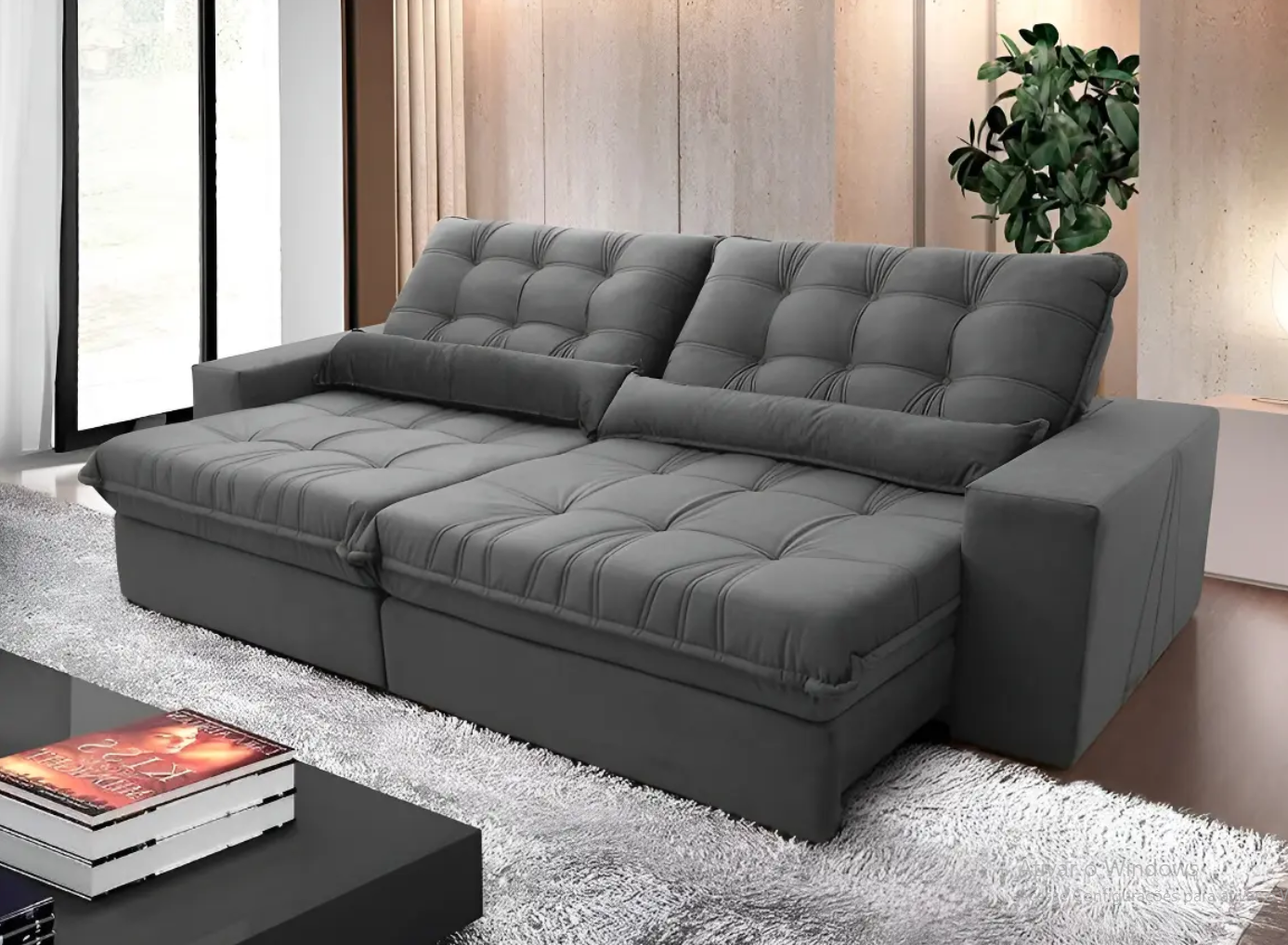 Sofá Retrátil Reclinável Zurique 2,70m Suede Velut Cinza com Molas no Assento